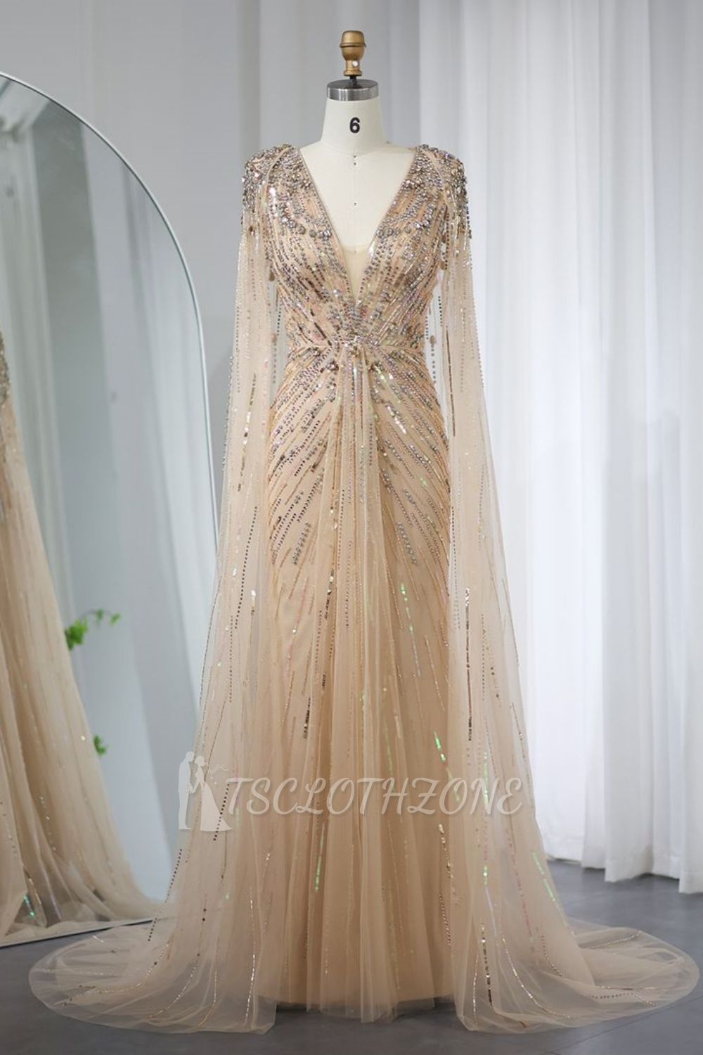 Luxuriöse Meerjungfrau-Abendkleider mit V-Ausschnitt, Kristallen, Pailletten und Cape-Ärmeln, langes Dubai-Partykleid für die Hochzeit