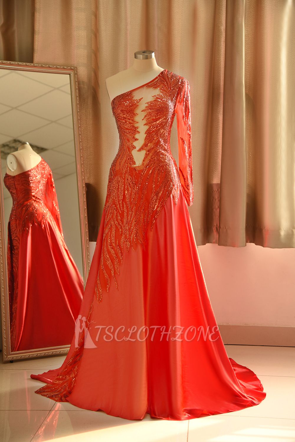 Sexy See-through One shoulder Red A-line Prom Dress TsClothzone Design