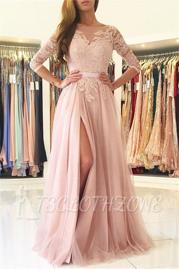 Half Sleeves Lace Appliques Pink Evening Dresses Front Split Tulle Prom Dress 2022