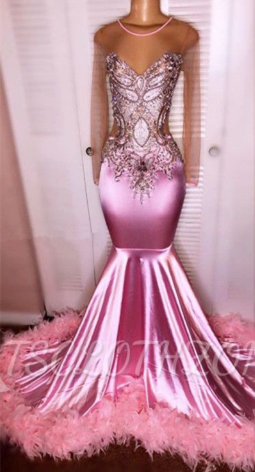 Langarm-Rosa-Meerjungfrau-Korn-Kristall-reizvolle Abschlussball-Kleider billig mit Feder