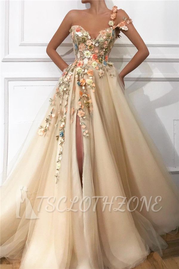 Stylish One Shoulder Strap Tulle Prom Dress | Sexy Sweetheart Front Slit Appliques Flowers Prom Dress