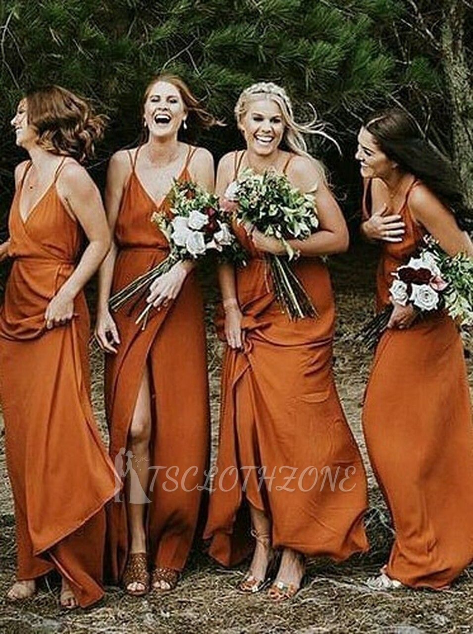 Sexy Brautjungfernkleid aus orangefarbenem Chiffon mit geteiltem V-Ausschnitt
