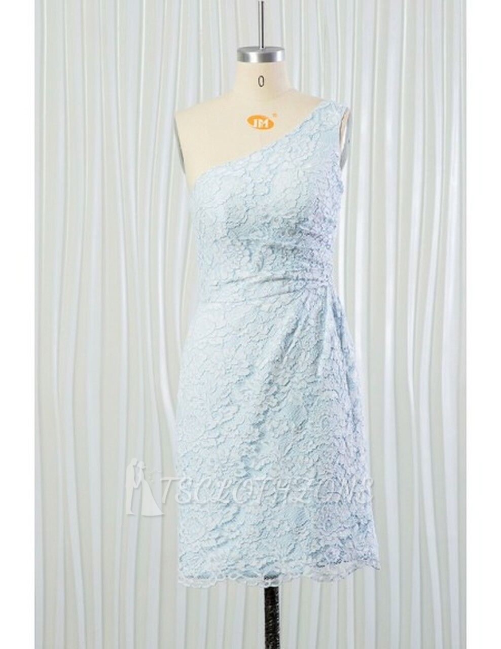 One Shoulder Light Blue Short Lace Bridesmaid Dress