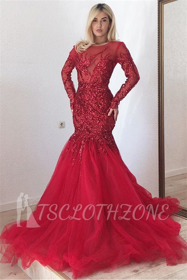 Glamourösen roten langen Ärmeln Meerjungfrau Ballkleider | 2022 Pailletten Tüll Abendkleider
