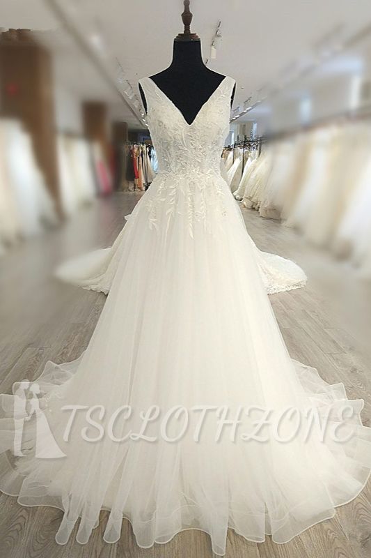 TsClothzone Glamorous White Tulle Lace Wedding Dress V-Neck Sleeveless Appliques Bridal Gowns On Sale