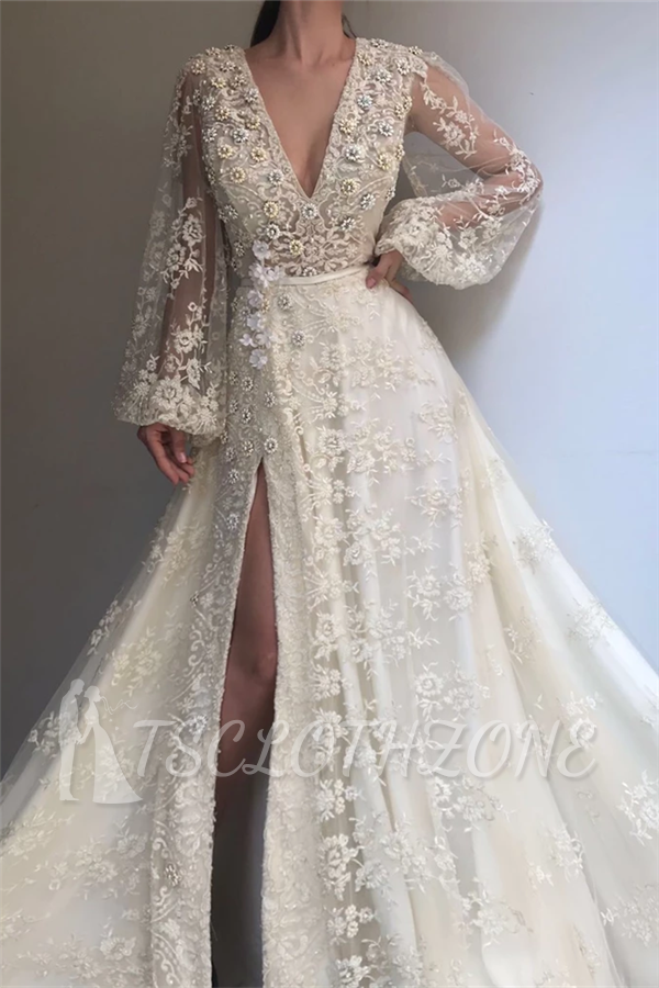 Exquisite Tulle Lace Beading Long Sleeves Prom Dress | Sexy V Neck Beading Slit Prom Dress