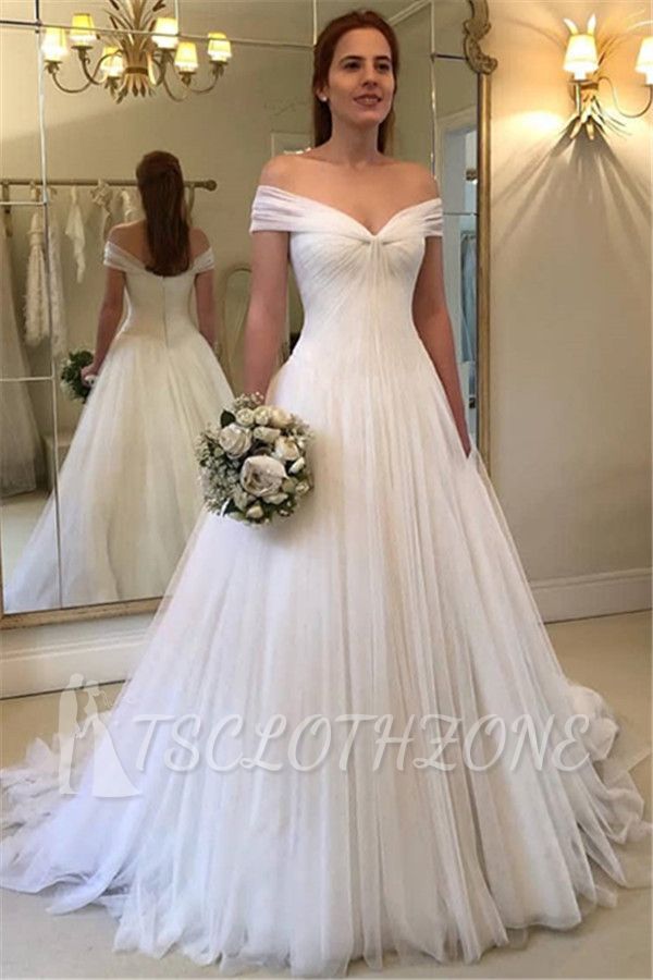 Simple A-Line Off Shoulder Wedding Dresses | 2022 Tulle Elegant Bridal Gowns