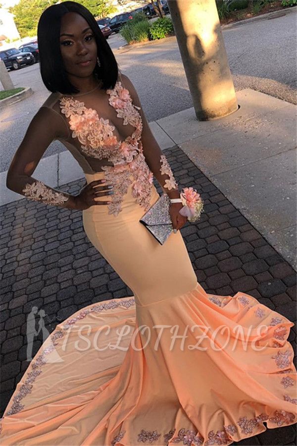 Orange Sheer Tulle Flower Appliques Long-Sleeves Mermaid Prom Dresses