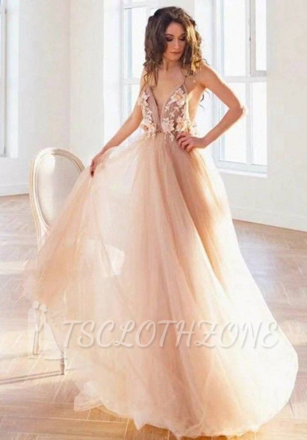 Elegant A-line Wedding Dress Tulle Floral Pattern Deep V-Neck Sleeveless Long Dress for Bride
