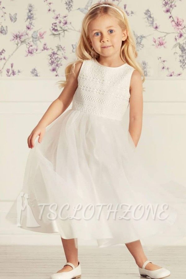 Cute Lace Princess Summer Flower Girl Dresses | White Ankle length Little Girls Pageant Dresses