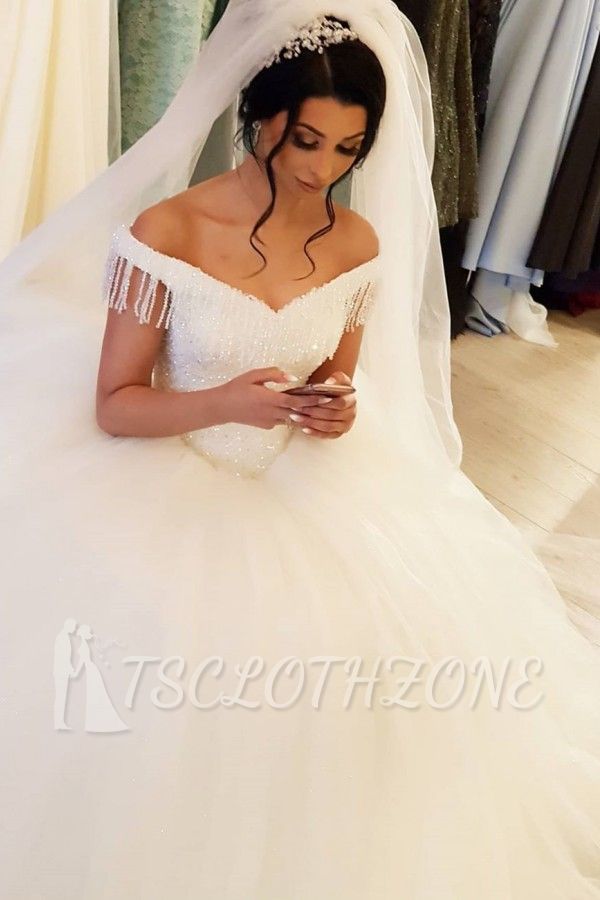 Glamorous Off Shoulder Tulle Lace Princess Bridal Gown with Tassels