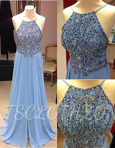Baby Blue Prom Dresses 2022 Straps Backless Lovely Evening Dress with Beads