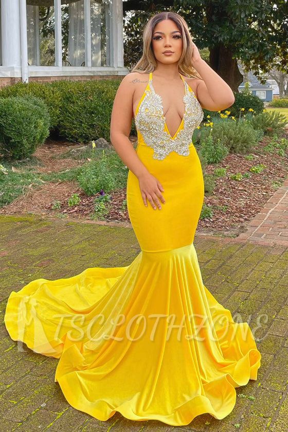 Shiny yellow velvet sleeveless v-neck prom dress