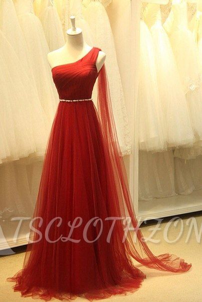 Elegant One Shoulder Evening Dresses Sheer Tulle Ruffles Dark Red Elegant Prom Dresses