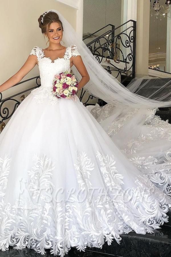 Elegant Cap Sleeves White Tulle Lace Wedding Dress with Chapel Train