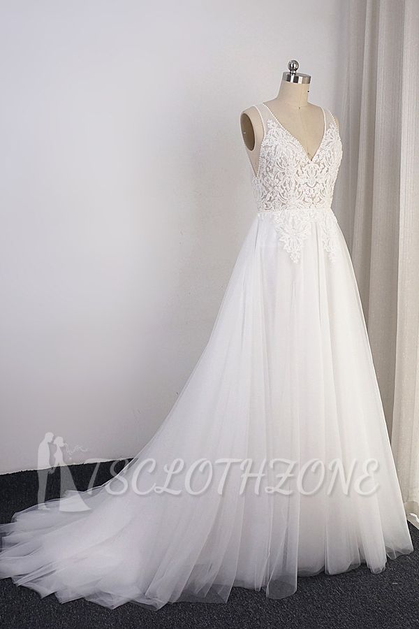 TsClothzone Elegantes Tüll-Hochzeitskleid mit V-Ausschnitt, A-Linie, Spitzenapplikationen, ärmellose Brautkleider im Angebot