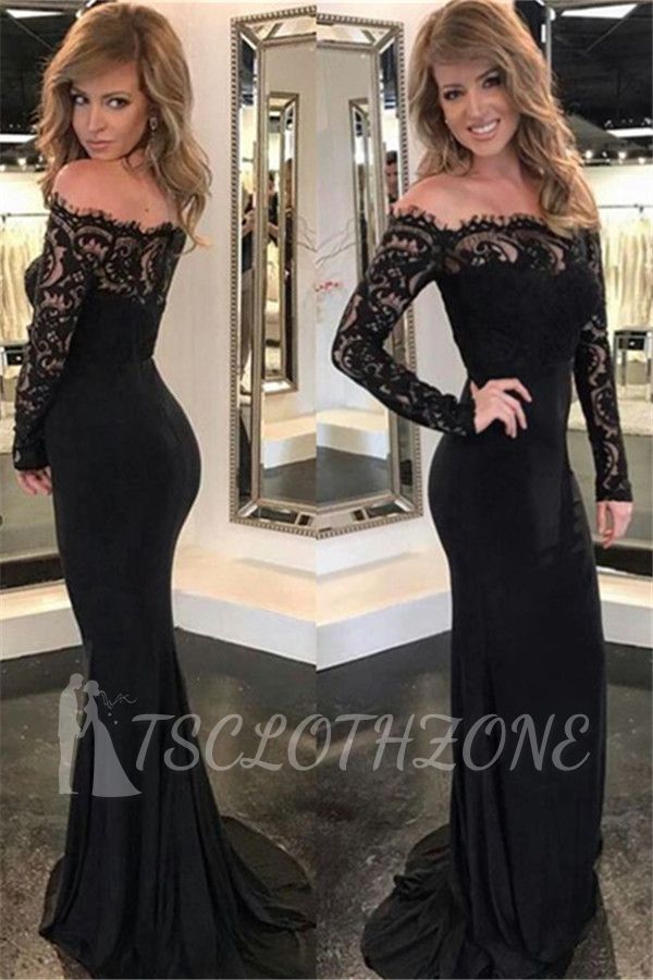 Black Lace Long Sleeve Evening Dresses Tight Off The Shoulder 2022 Prom Dresses