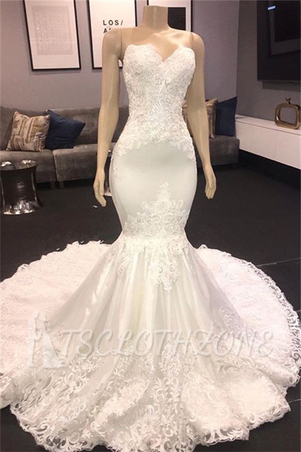 Sexy Strapless Lace Appliques Mermaid Wedding Bridal Gowns
