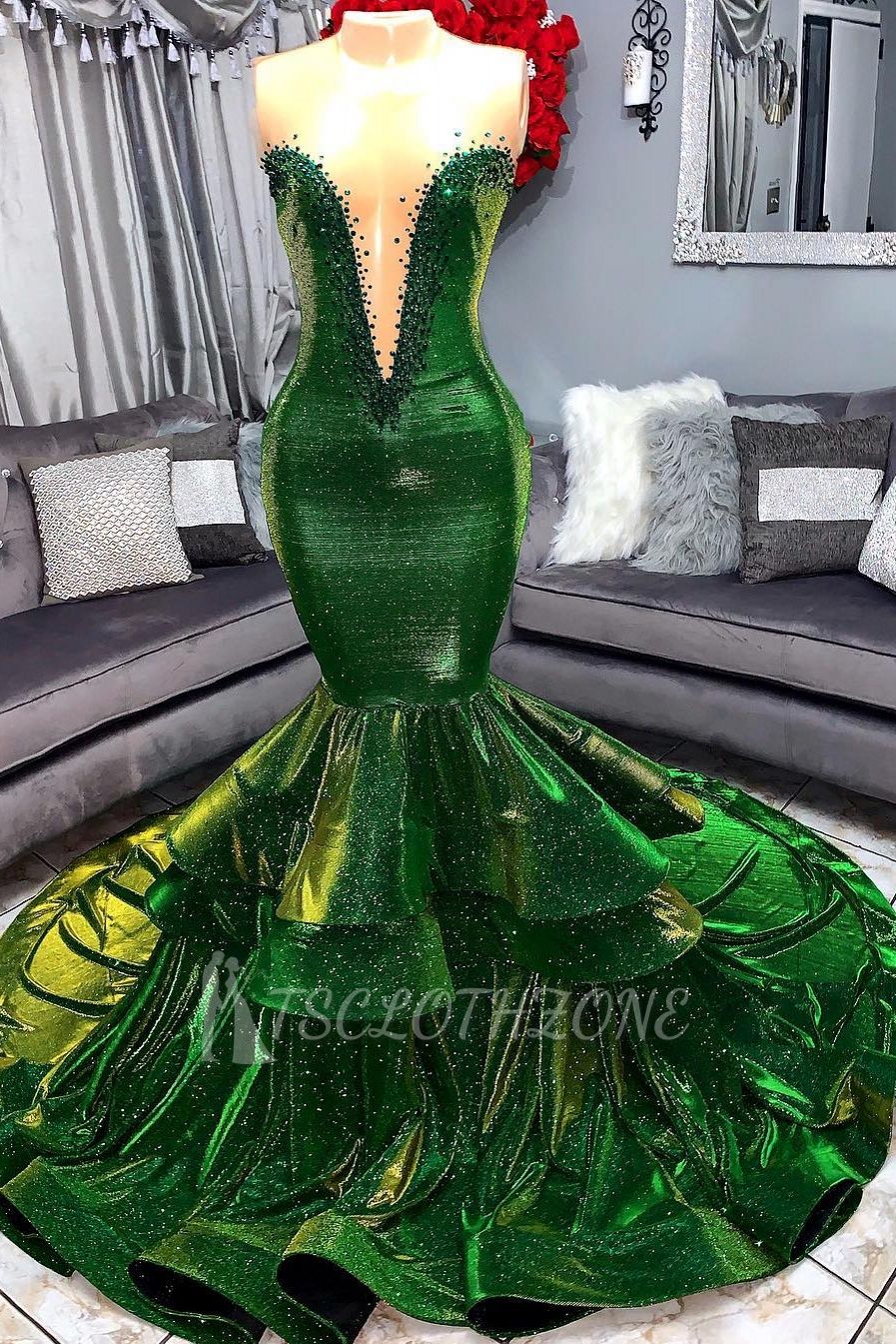 Grün wunderschöne Rüschen Meerjungfrau Ballkleider | Sexy Schatz Appliques lange Abendkleider