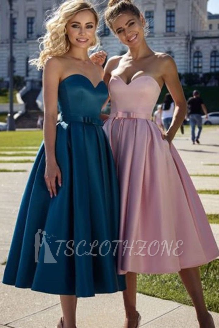 Simple Tea Length Sweetheart Pink Prom Dress | Affordable Strapless Navy Blue Prom Dress with Sash