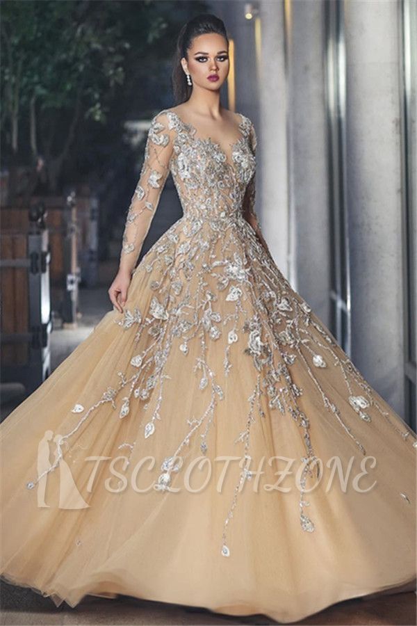 Stunning Illusion Long Sleeve Sexy Evening Gowns | A-line Lace Appliques Tulle Prom Dress
