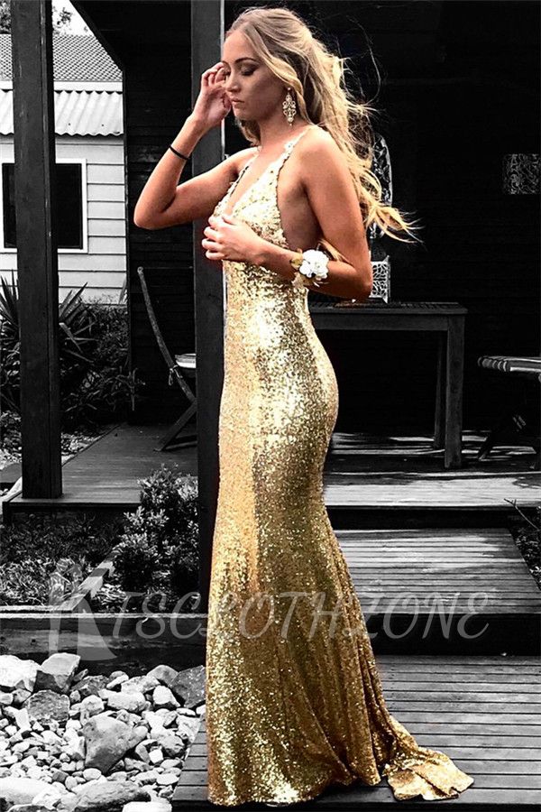 Sexy Sequined Mermaid Sleeveless Prom Dress | Gold Prom Dress