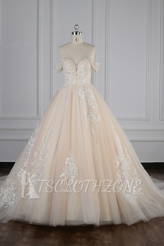 TsClothzone Gorgeous Ball Gown Tulle Lace Wedding Dress Champagne Appliques Off-the-Shoulder Bridal Gowns with Beadings On Sale