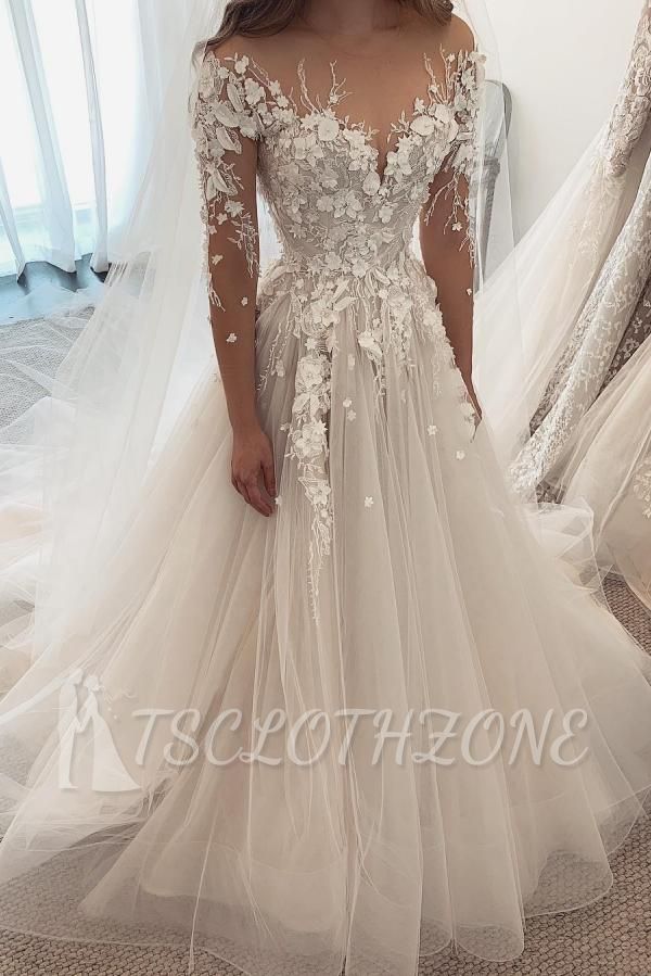 Glamorous White Long Sleeves 3D Floral Lace Tulle Wedding Dress with Chapel Train