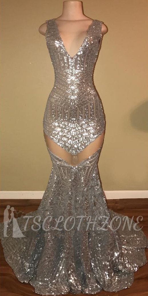 Shiny Silver Sequins Sexy Prom Dresses | Sleeveless 2022 Cheap Evening Dress