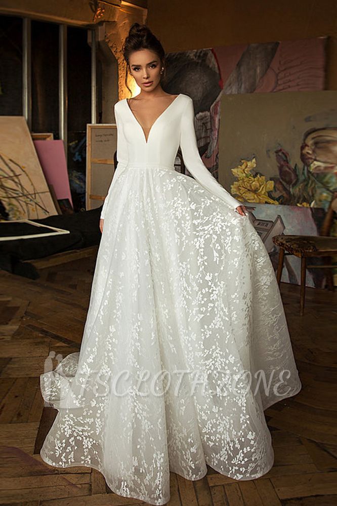 Elegantes weißes Spitzen-Hochzeitskleid mit V-Ausschnitt Boho Langarm-Applikationen Brautkleider