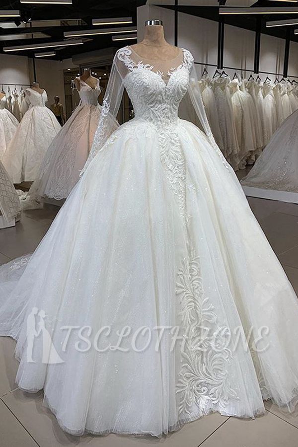 Long Sleeve Ball Gown Sparkle White Wedding Dress | Illusion neck Lace Appliques Bridal Gowns with Cathedral Train