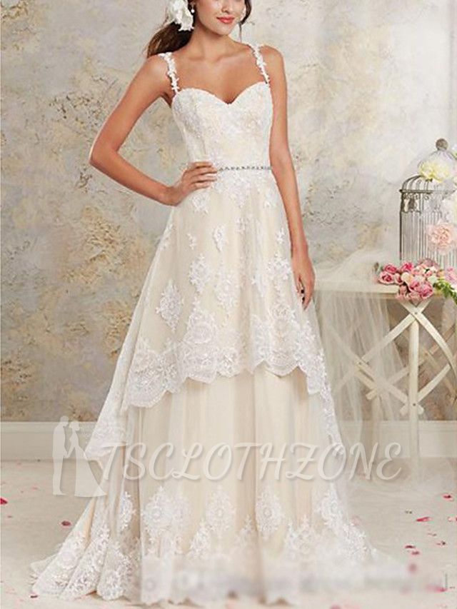 Asymmetrical A-Line Wedding Dress Sweetheart Lace Tulle Lace Spaghetti Strap Bridal Gowns Sweep Train
