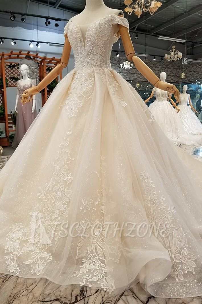 TsClothzone Elegant Off-the-shoulder White A-line Wedding Dresses Tulle Ruffles Bridal Gowns With Appliques Online