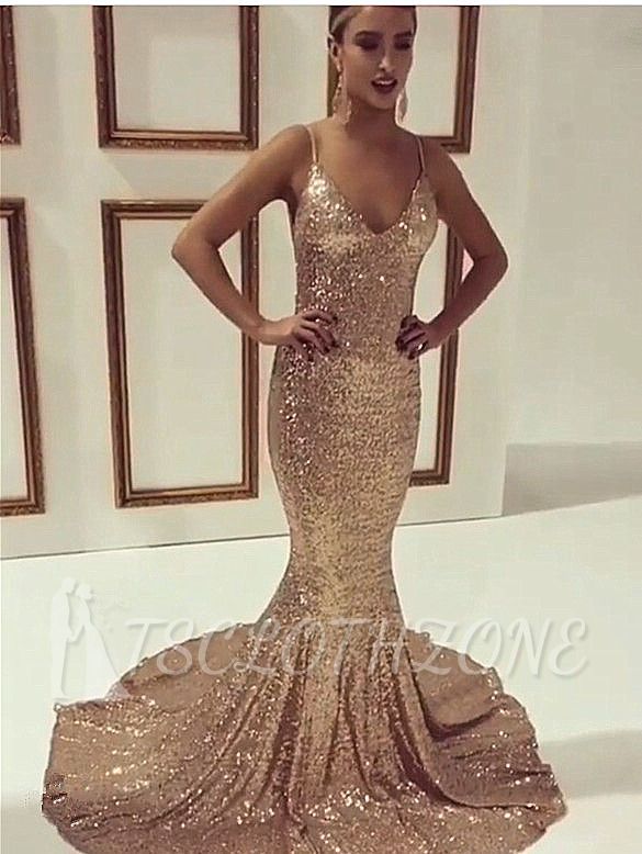 Elegant Sequins Mermaid Spaghetti Straps Sleeveless Prom Dress