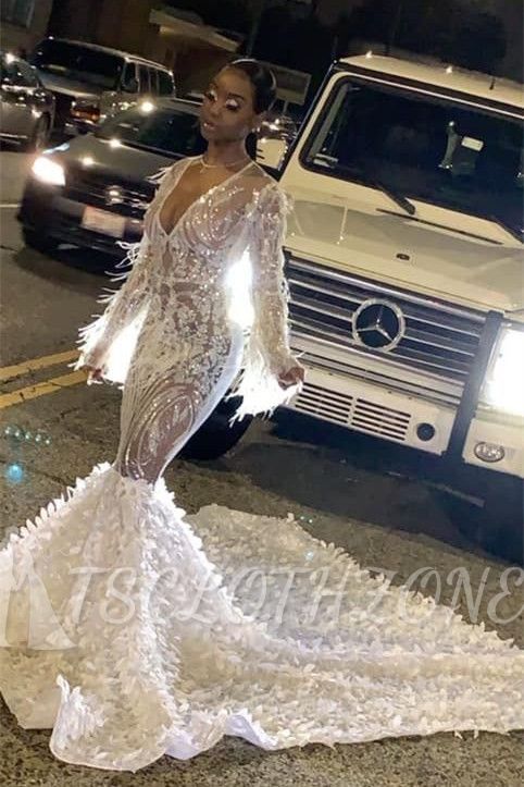 Sexy durchsichtiges V-Ausschnitt Langarm Mermaid Prom Dress mit Luxuszug