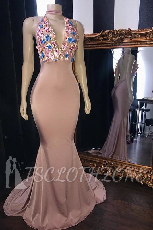 Pink Flowers Appliques Mermaid Long Prom Dresses | Glamorous Sleeveless V-Neck Evening Gowns