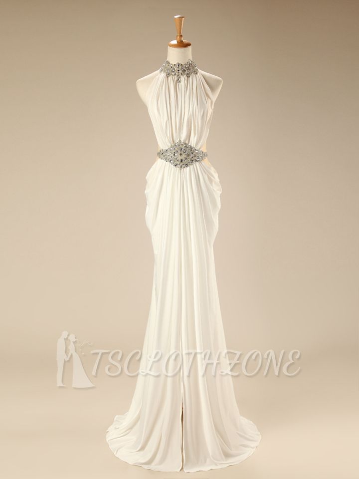 White High Collar Sexy Evening Dresses Crystal Chiffon Zipper 2022 Long Gown