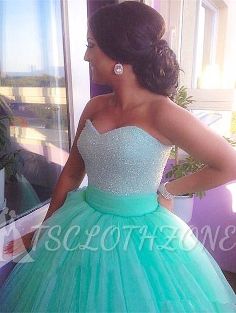 Cute Sweetheart Crystal Long Prom Dress Light Green Tulle Ball Gown Quinceanera Dresses