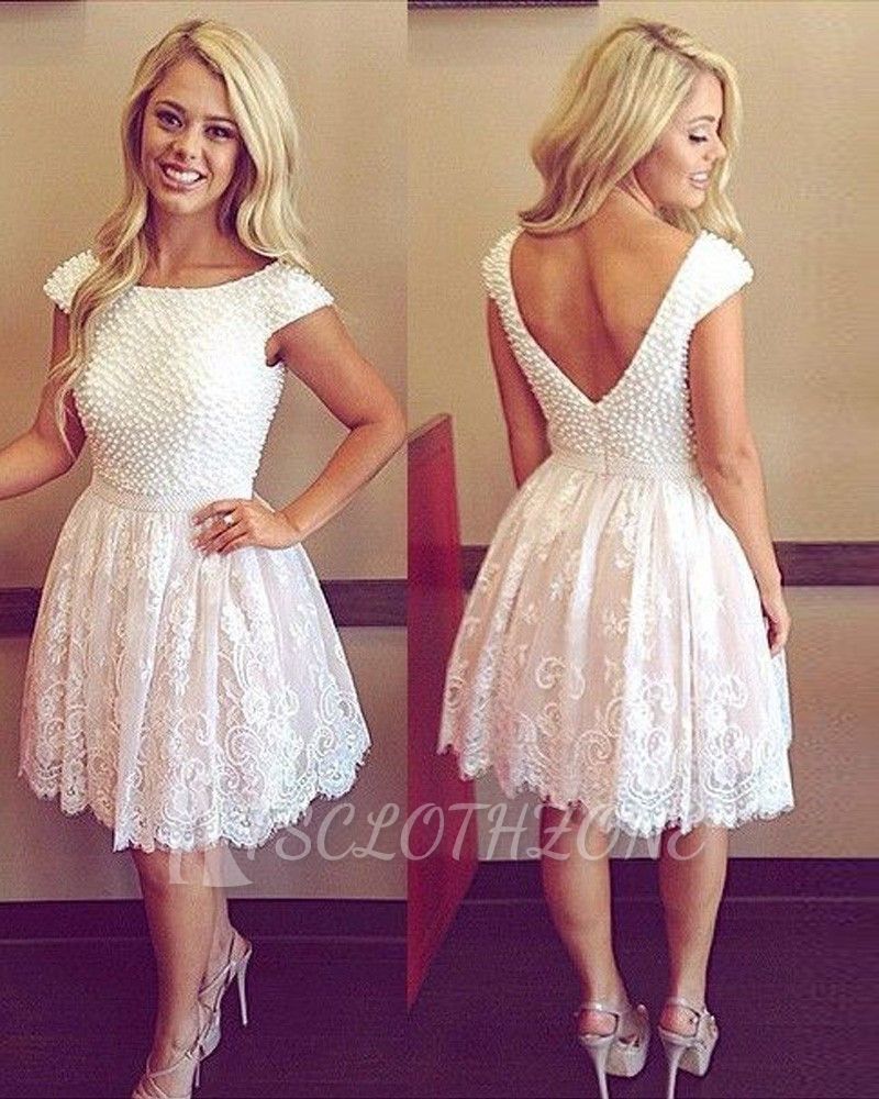 Beading White Short 2022 A-Line Homecoming Dresses Cap Sleeve Zipper Mini Cocktail Gowns