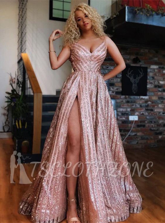 Sexy V-Neck Long Evening Dress | 2022 Sequins Prom Dress With Slit
