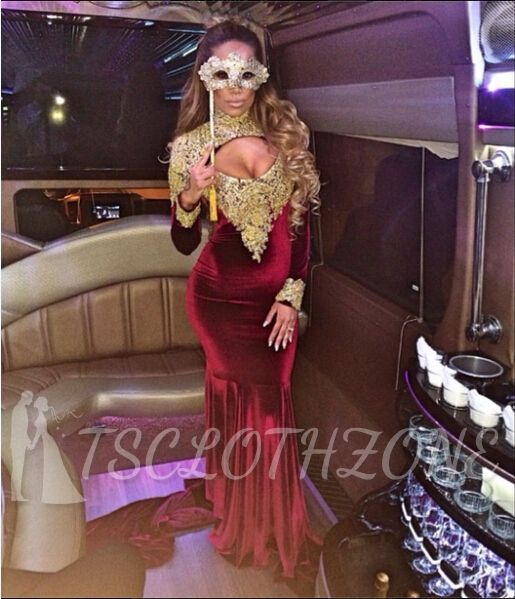 Burgundy Velvet Long Sleeve Prom Dress Gold Lace Appliques See Through Back SExy Evening Gown