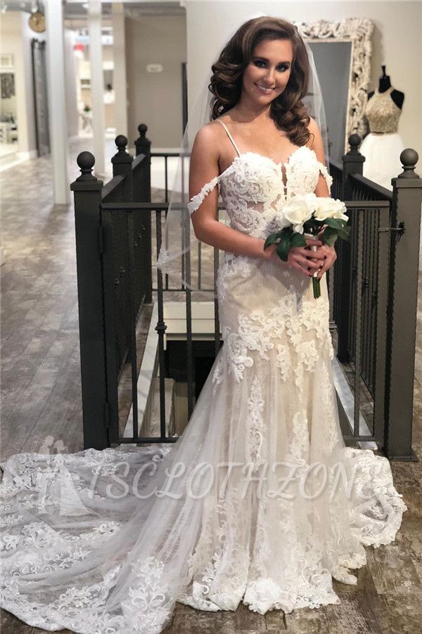 Spaghetti Straps Lace Mermaid Wedding Dresses | Delicate Appliques Bridal Dresses