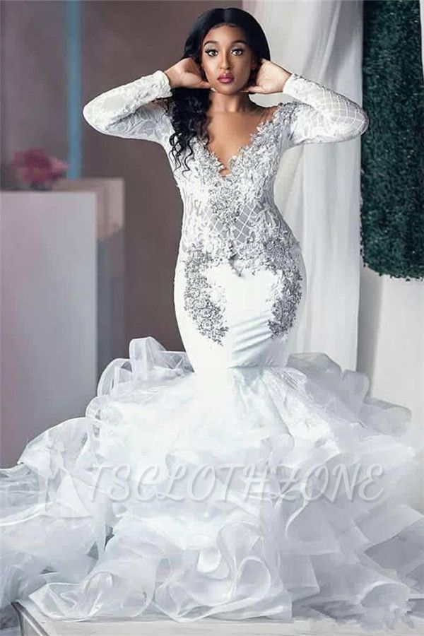 Sexy Beading Appliques Wedding Dresses | Long Sleeve Mermaid Tulle Bridal Gowns
