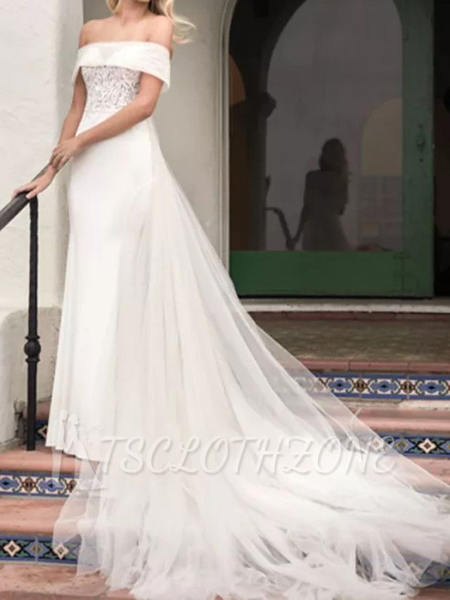 Formal A-Line Wedding Dress Off Shoulder Lace Satin Tulle Short Sleeve Bridal Gowns with Court Train