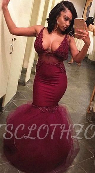 Sexy Straps Burgundy Prom Dresses 2022 | Appliques Puffy Tulle See Through Evening Gown
