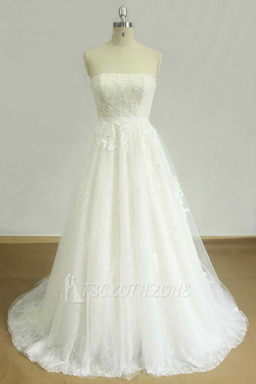 Elegantes trägerloses Spitzen-Tüll-Hochzeitskleid | Applikationen Weiße A-Linie Brautkleider