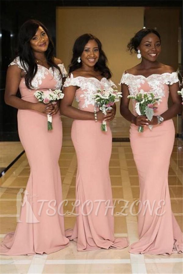 Two-toned Off The Shoulder Mermaid Pink Bridesmaid Dresses | Lace Appliques Sexy Maid of Honor Dresses