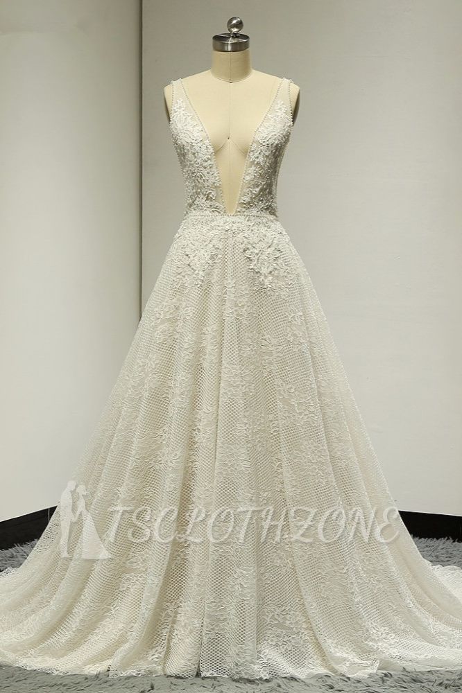 TsClothzone Sexy Tulle Deep-V-Neck Lace Wedding Dress Sleeveless Appliques Pearls Bridal Gowns On Sale