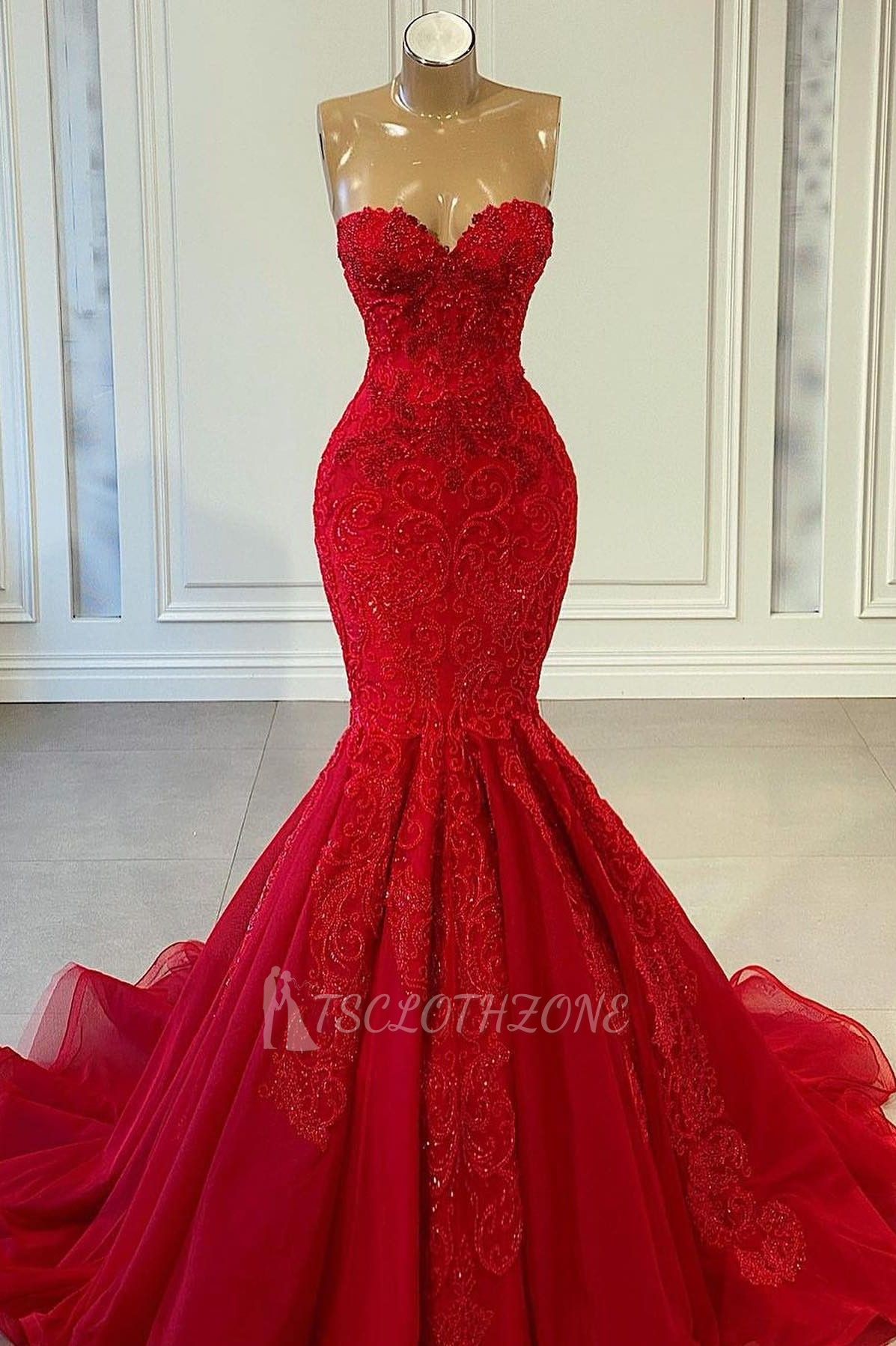 Luxurious Red Lace Long Mermaid Ball Dress｜Lace Evening Dress