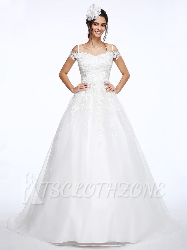 Ball Gown Wedding Dress Off Shoulder Organza Beaded Lace Short Sleeve Bridal Gowns with Court Train